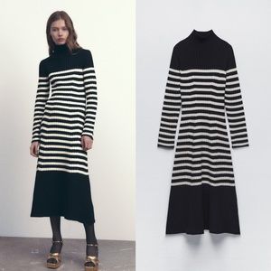 New Zara Wool Blend Striped Knit Midi Dress - 5755/147